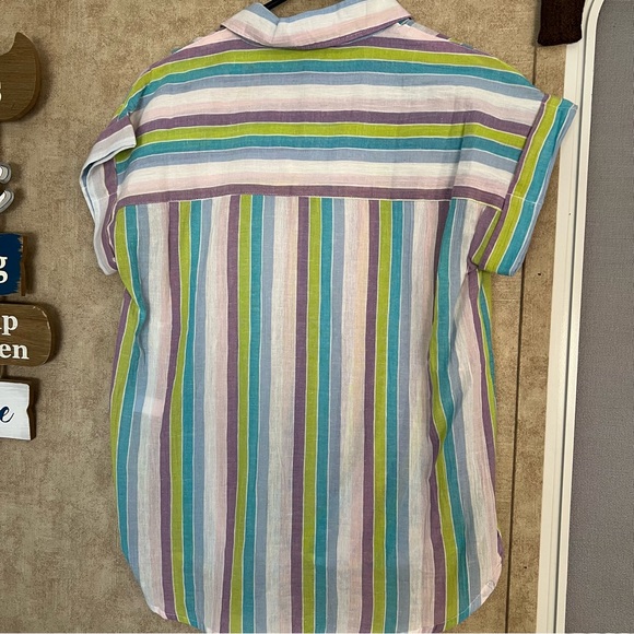 1 Bliss Lane Striped Tie Front Collared Button Front Short Sleeve Top S - Picture 2 of 7